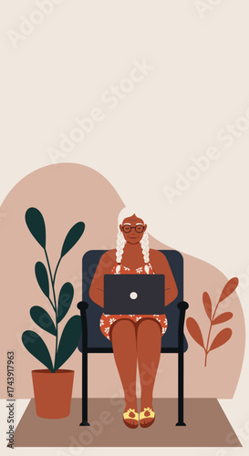 Relaxed senior woman in swimsuit using laptop Remote work vacation or digital leisure