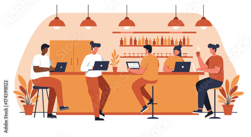 Diverse professionals working remotely on laptops and tablets in a modern cafe