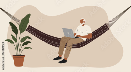 Older man working on laptop in a hammock symbolizing remote work and relaxed lifestyle