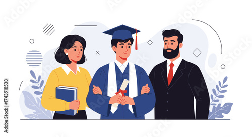 Proud family celebrates graduation day with beaming graduate in cap and gown ready for a bright future, congratulations and achievement concepts