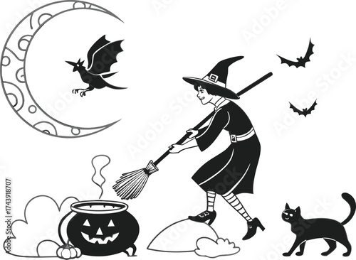 Halloween icon with pumpkins, bats, ghosts, ts, and white element sets in vector style