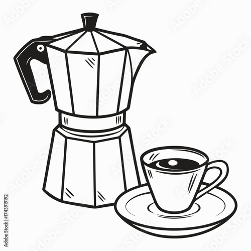 Classic black and white illustration of a stovetop coffee maker with a cup of hot coffee on a saucer