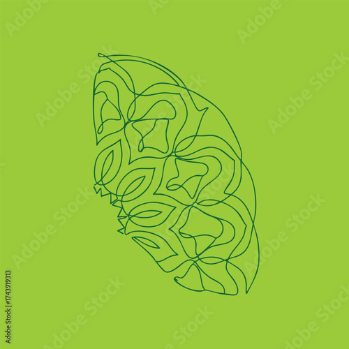 Minimalist line art of a stylized leaf with intricate vein patterns on a vibrant green emphasizing nature and organic design