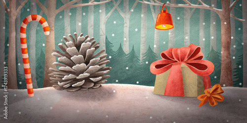 Winter holiday scene with snow falling on pinecone and gift box under orange light in forest for black friday shopping joy