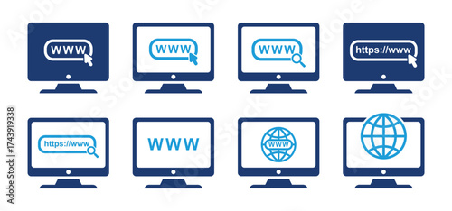 Set of internet computer icons. Networking, websites, web design, hardware, software, and programming. In a simple vector style.
