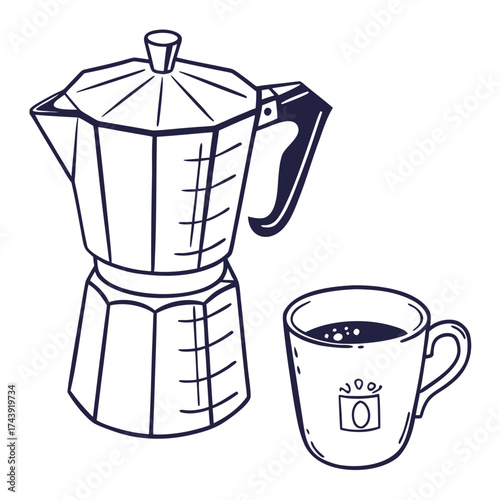 Hand drawn illustration of a classic stovetop moka pot coffee maker and a full mug of coffee