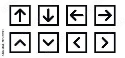 A set of arrow icon logos in various shapes and directions. Used for navigation, previous, and back. A collection of simple line arrow vectors.