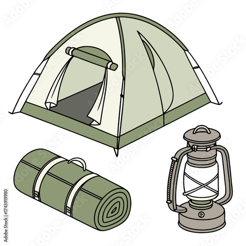 Illustration of a green camping tent a rolled sleeping mat and an old fashioned kerosene lantern on a white background