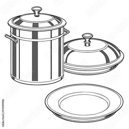 Illustration of a large cooking pot a serving dish with lid and a plate presented in a clean line art style