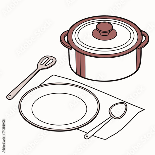 Isometric illustration of a cooking pot with a lid plate slotted spoon and spoon on a white background