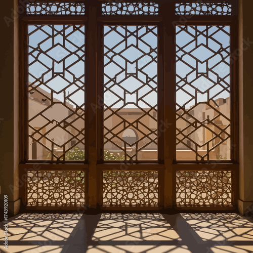 Ornate Wooden Window with Geometric Lattice and Shadow Patterns