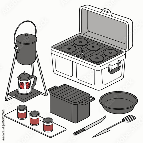 Isometric illustration of camping cooking equipment including a portable stove grill pot kettle and utensils