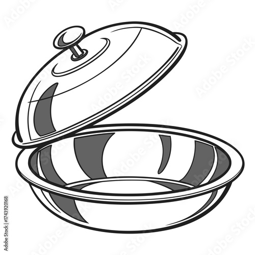 Open silver serving dish with lid slightly ajar showcasing a clean and simple illustration of a food container