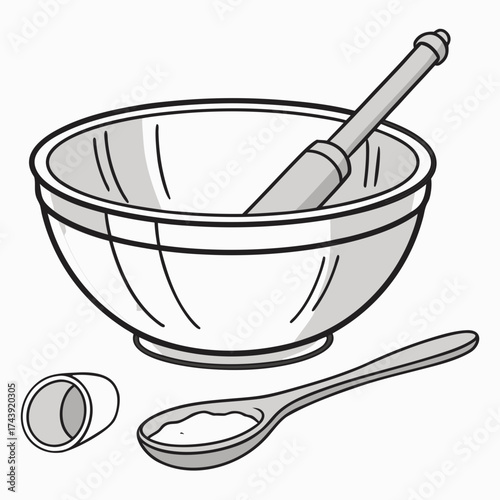 Simple illustration of a mortar and pestle with a spoon and small container for ingredients