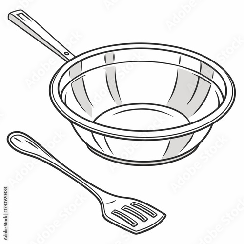 Simple line art illustration of a metal mixing bowl and a spatula isolated on a white background