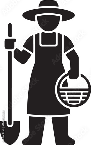 Farmer icon with shovel and basket harvesting