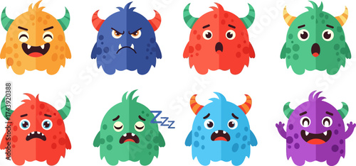 Playful monster characters expressing a range of emotions perfect for educational materials, kids' designs, and fun social media content creation
