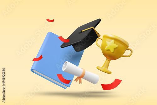 Vector 3D render illustration of a book with a graduate cap, golden trophy and fluttering red ribbon, symbolizing graduation, celebration and pride in the student's achievement.