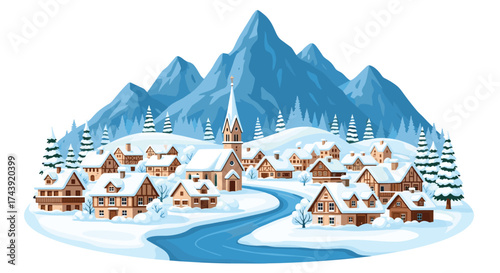 Charming winter village scene nestled in snowy mountains with church and cozy homes, perfect for holiday cards or festive backgrounds this season