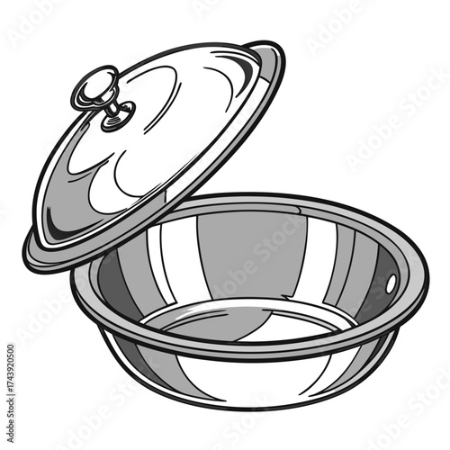 Stylized illustration of a silver serving dish with its lid partially open isolated on a white background