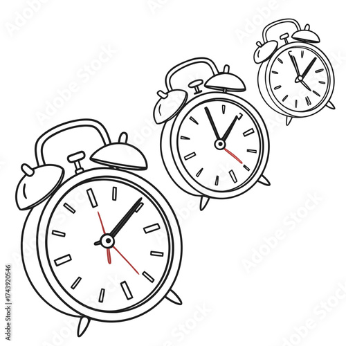 Three classic alarm clocks with bells and hands drawn in a simple outline style on a white background