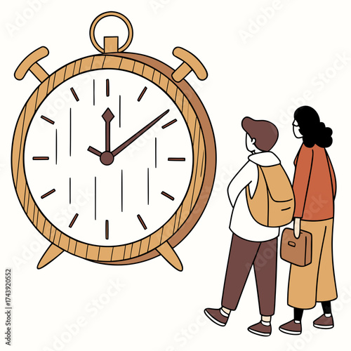 Two people with backpacks and a briefcase look at a large alarm clock with a simple design and warm colors