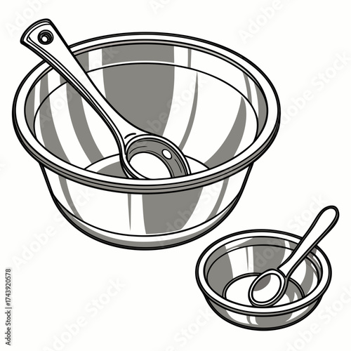 Two shiny metal mixing bowls with spoons inside one large and one small isolated on white