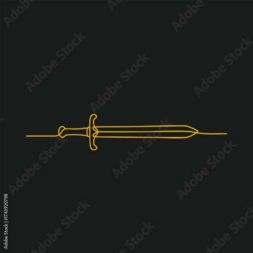 Minimalist neon outline of a medieval-style sword with a detailed hilt and straight blade on a dark