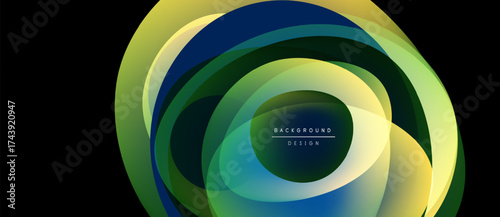 Abstract layers create dynamic circular design. Green, yellow, blue hues blend, forming modern background element. Text reads background design.