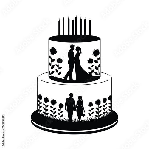 Black silhouette of a two tier wedding cake with floral decorations and couple figures black and white