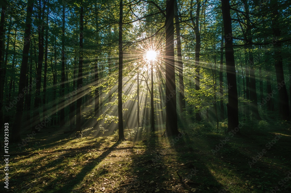 Obraz premium Sunlight filters through the canopy of the forest trees.