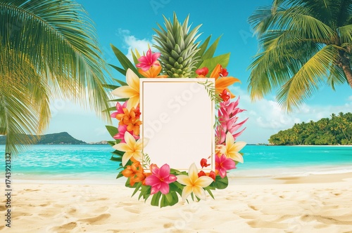 Summer banner featuring tropical fruits and pineapple with a wedding invitation design