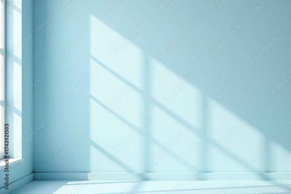 Fototapeta premium Serene Light Patterns on a Pale Blue Wall, Ideal for Minimalist Design Presentation
