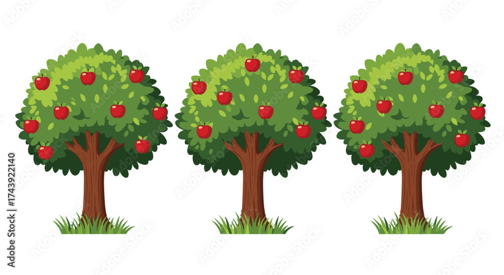 Fototapeta premium Three vibrant apple trees laden with ripe red fruit, perfect for illustrating healthy eating, nature's bounty, or seasonal themes