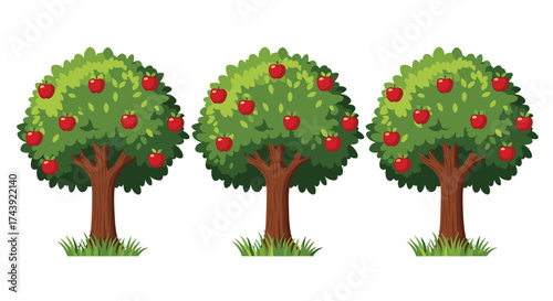 Three vibrant apple trees laden with ripe red fruit, perfect for illustrating healthy eating, nature's bounty, or seasonal themes