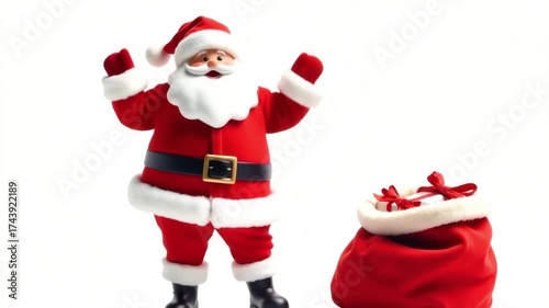 Cheerful Santa Claus figure in vibrant red suit joyfully gestures with arms raised, surrounded by festive decorations and a plush gift bag, embodying the spirit of Christmas celebration