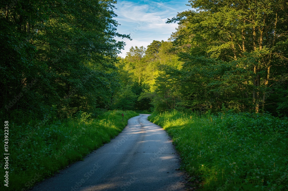 Obraz premium Peaceful Trail Through Lush Forest with Sunlight Streaming Between Branches