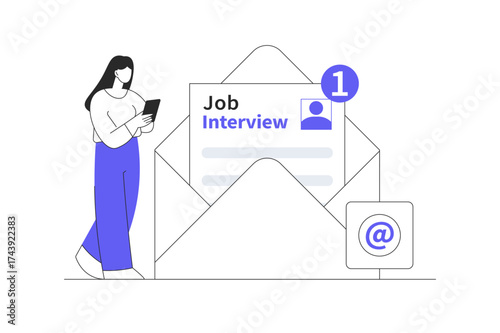 Woman received an job interview invitation by an email, invitation to find the best candidates, job offer for applicant. Flat Cartoon Vector Illustration, icon Stylish abstract design landing page web