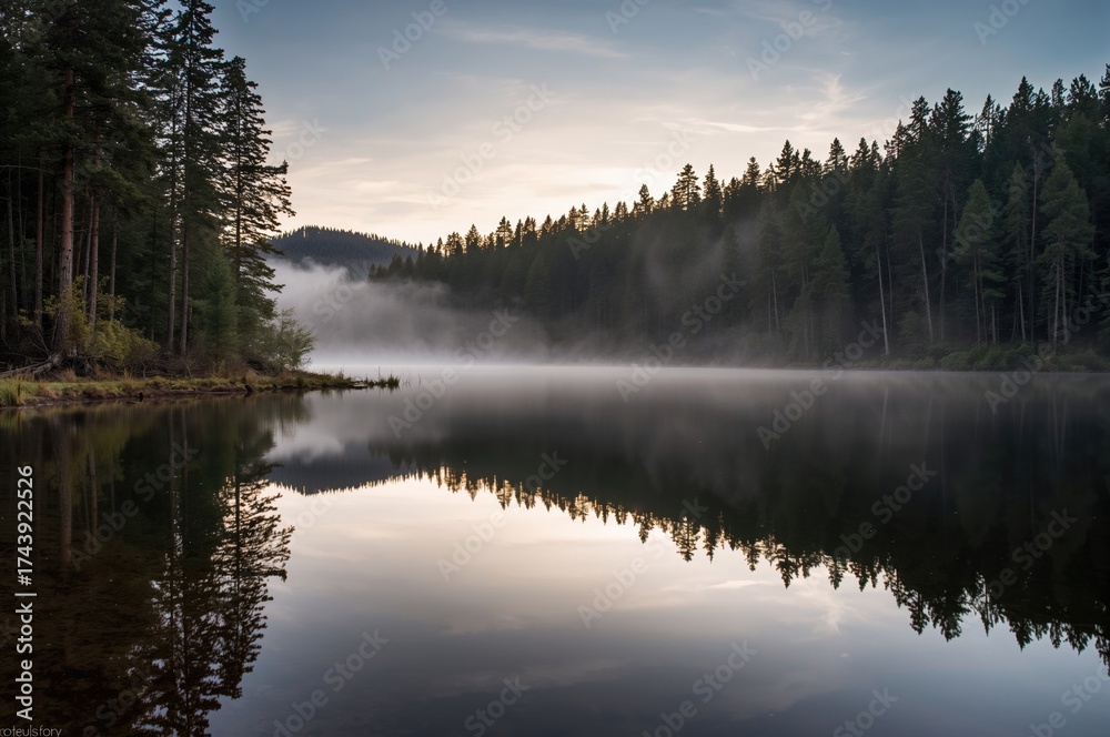 Fototapeta premium Peaceful morning by a serene lake surrounded by dense woodland, with tree reflections shimmering on the water. Perfect for nature-themed wallpaper.