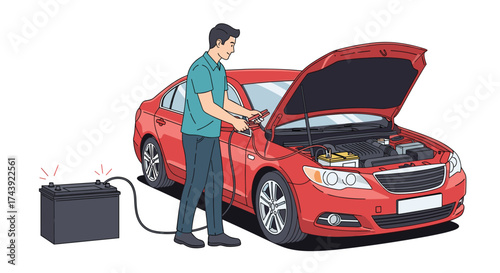 Man confidently jump starts red car battery using jumper cables in bright, clean automotive service setting