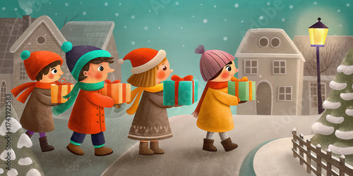 Children carrying gift boxes in winter holiday scene with snow and houses creating joyful black friday shopping atmosphere