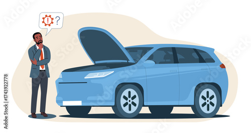 Man standing next to a broken down car with the hood open. Vector illustration.