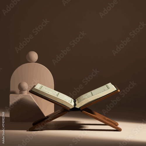 Open Quran on Traditional Wooden Rehal Stand, Pages Displaying Arabic Script