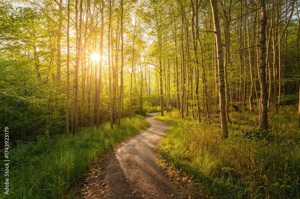 Obraz premium Summer forest trail with golden trees and grassy landscape