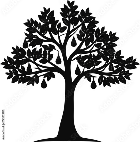 Silhouette of a pear tree laden with fruit