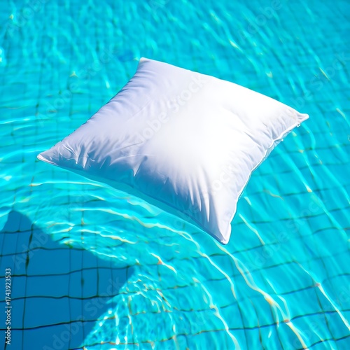 White square pillow floating on a vibrant turquoise blue swimming pool water surface
