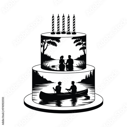 Two tier black silhouette cake with five candles featuring couple by water and two people in canoe scene