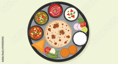 Vibrant Indian Thali feast with traditional dishes and fresh ingredients, perfect for culinary promotions and cultural celebrations