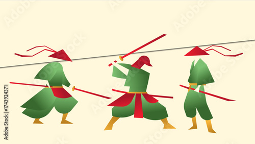 Minimal geometric illustration of 3 samurais. 3 poses of swordsmen or fighters in minimalist style