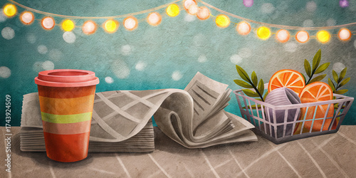 Black Friday holiday shopping scene with coffee cup newspaper and basket of oranges under festive lights